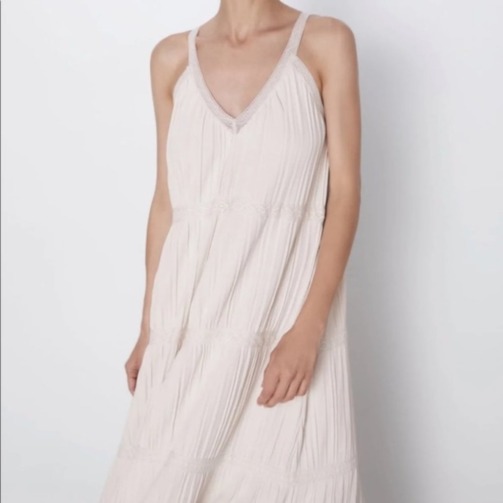 ZARA BANDAGE Knit Pleated Midi Dress Ivory Stretch Sleeveless V Neck Viscose L - Picture 6 of 16